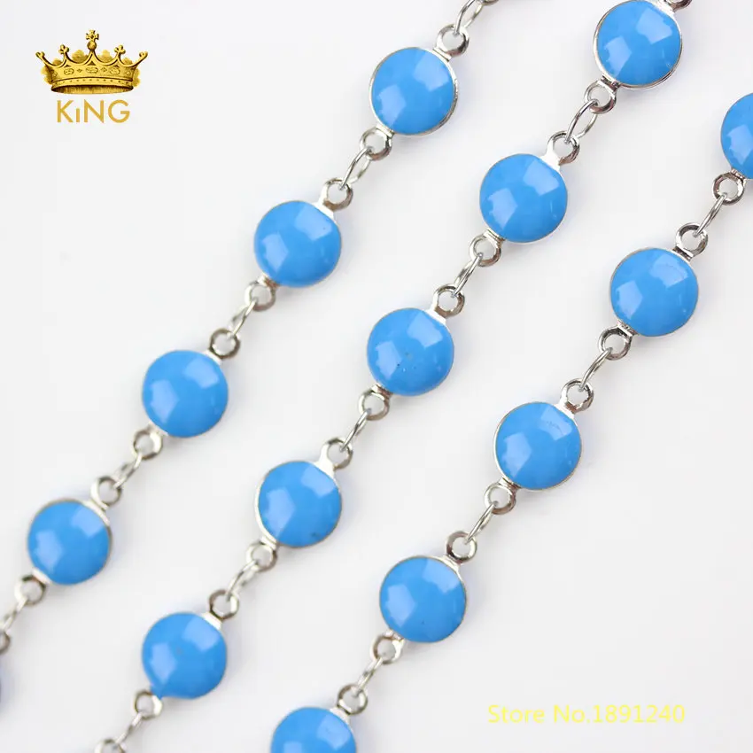 

5meters Blue Enamel Beads Wire Wrapped Plated Silver Copper Links Flat Round Coin Enamel Chains Rosary Style Findings Bulk DTS03