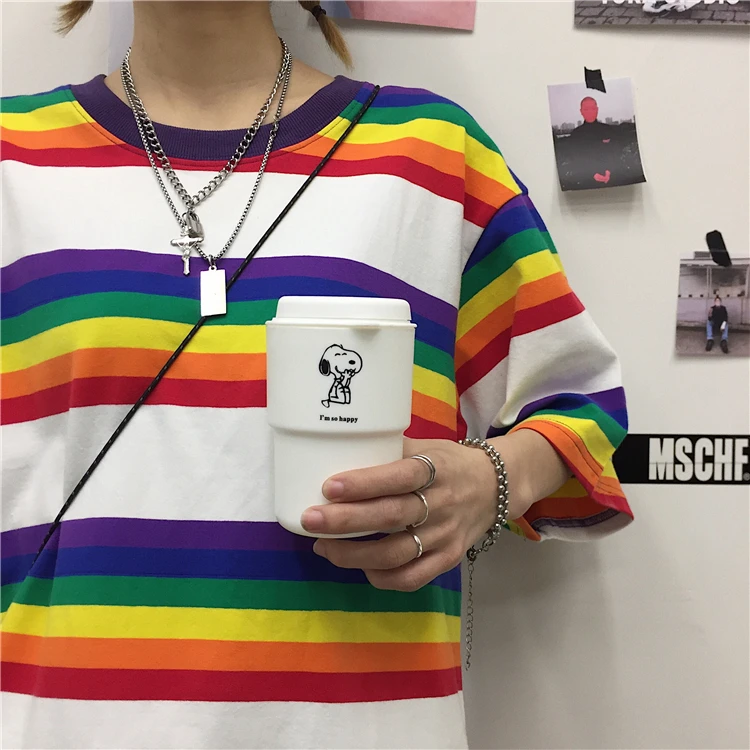 Летние повседневные футболки для женщин, Корейская одежда Ulzzang Harajuku, полосатая футболка с коротким рукавом, Женская свободная футболка