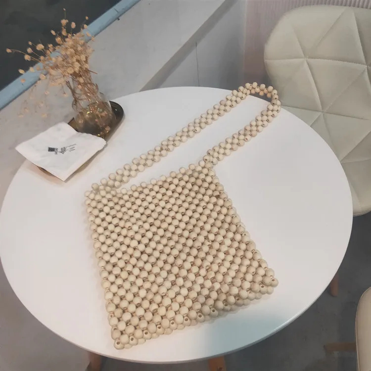 Модная женская сумка с деревянными бусинами вязаный жемчужный клатч ручной