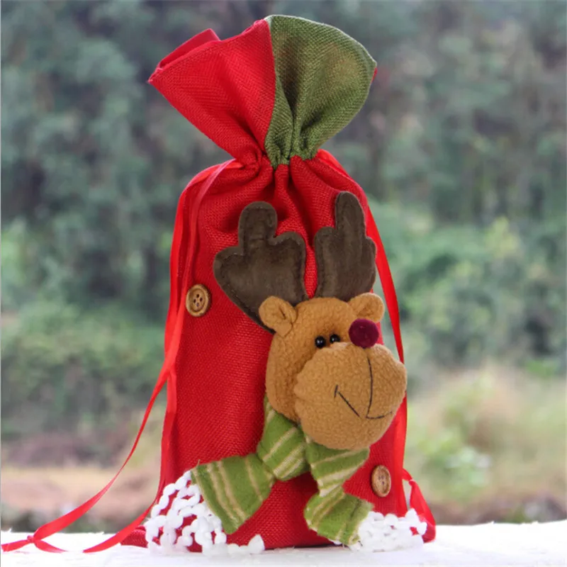 Drawstring Christmas Bags Santa Sack New Year Xmas Gift Cotton linen Bag Bottle Cover Decoration Dinner Party Accessorices | Дом и сад