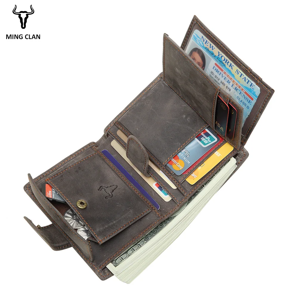 Mingclan Genuine Leather Men Purse Wallet Short Coin Purse Small Vintage Wallet Crazy Horse Card Holder Pocket Purse Men Wallets