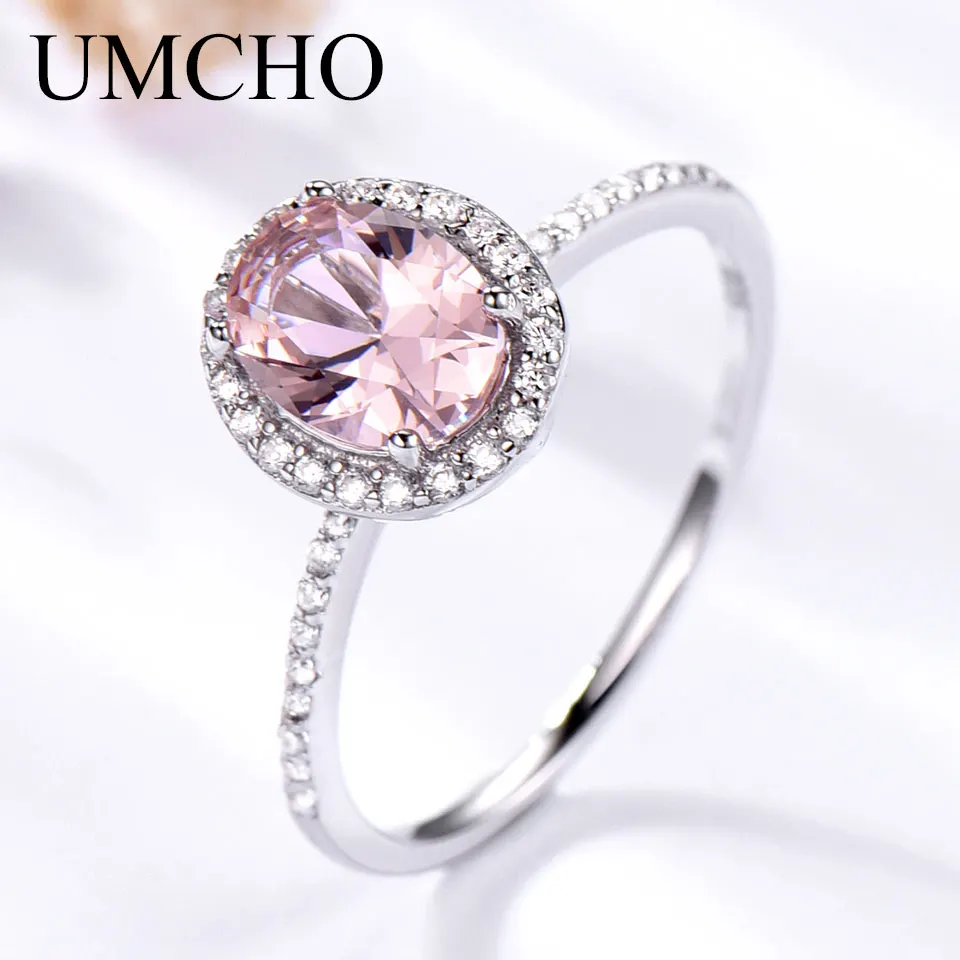 

UMCHO Luxury Created Oval Pink Sapphire Rings Real 925 Sterling Silver Wedding Band Rings For Women Cocktail Fine Jewelry