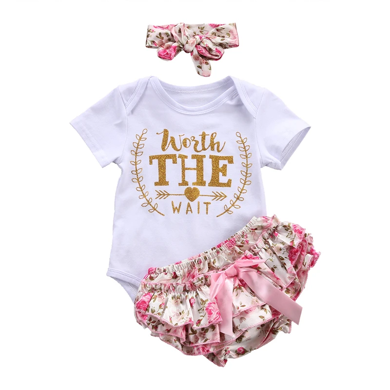 

Newborn Baby Girl Clothes Set Summer Infant Baby Girl Clothing Short Sleeve Bodysuit Ruffles Floral Shorts Headband 3Pcs Clothes