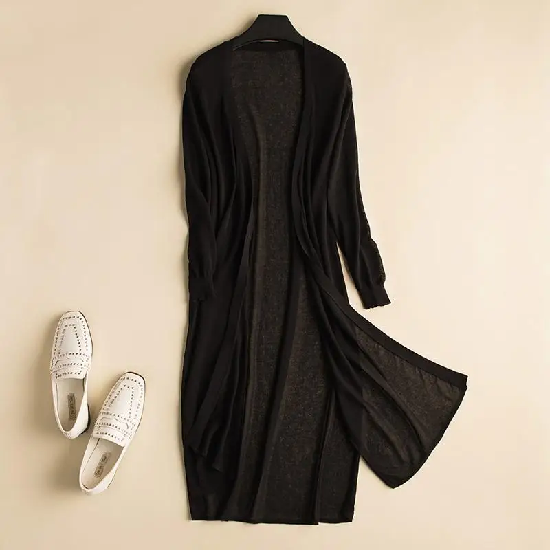 2019 New Summer Women Open Stitch Fashion Solid Hollow Knitted Thin Long Wool Coat Elegant Female Casual Loose Jacket Casacos |