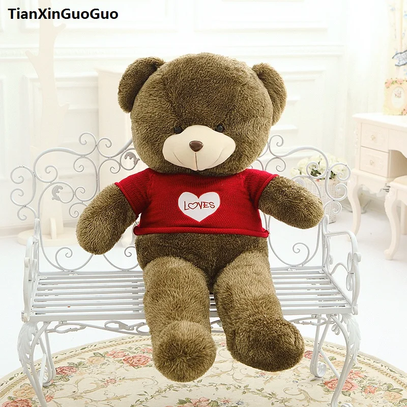 

large 100cm brown teddy bear plush toy loves red sweater bear soft doll throw pillow birthday gift s0921