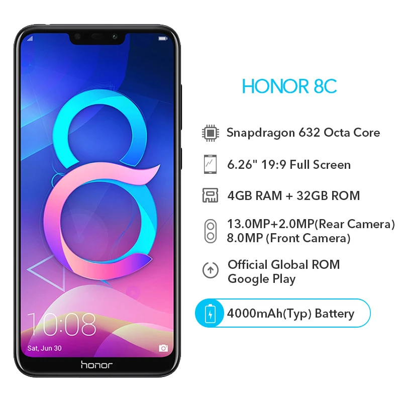 Honor 8C, 4 Гб, 32 ГБ, Google Play, мобильный телефон, 4000 мАч, Восьмиядерный процессор Snapdragon 632, 6,26 дюймов, полный экран, 13 МП, двойная камера