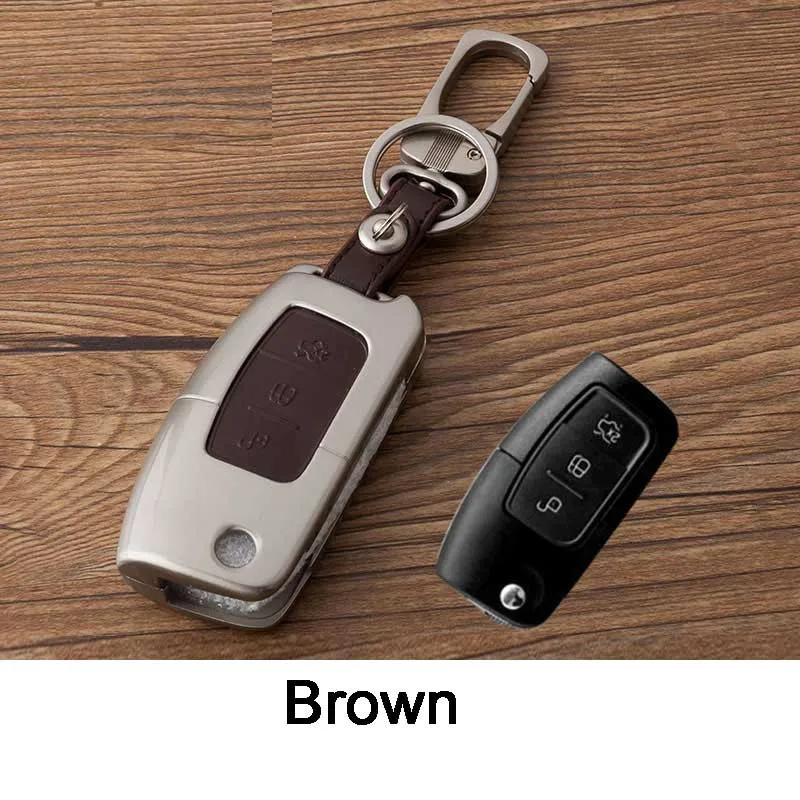 

Zinc Alloy+Leather Key Cover for Ford Fiesta Focus 2 Ecosport Kuga Escape Car Flip folding Remote key Case 3 Buttons