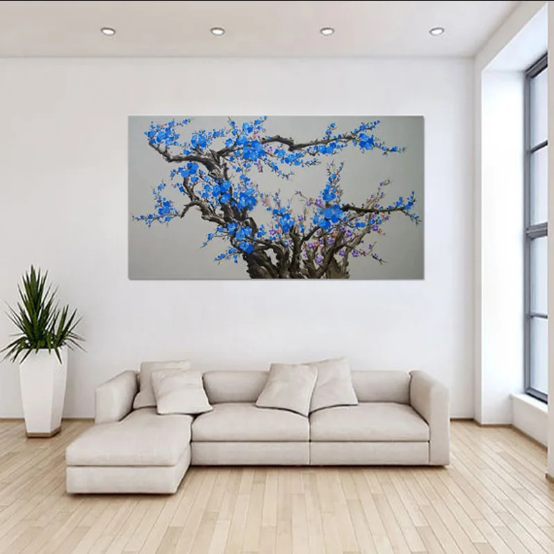 Ручная роспись синяя Цветущая слива цветок дерево картина маслом на холсте