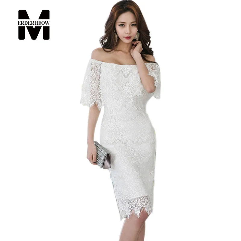 Merderheow Новый 2017 Весна Лето женщин Белое Кружево Рукавов Dress Мода Femme Случайный