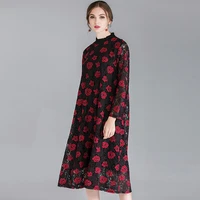 large size ladies loose fashion slim show thin lace dresses womens casual high waist stand neck long sleeve elegant dress new