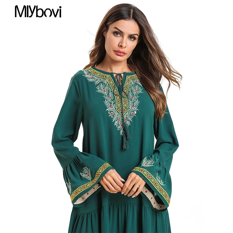 Зеленое мусульманское платье с вышивкой Abaya повседневные длинные халаты кимоно