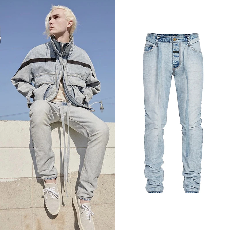 Мыть Slim Fit джинсы Для мужчин s Винтаж пояс лентами Джинсы Брюки для Уличная синий
