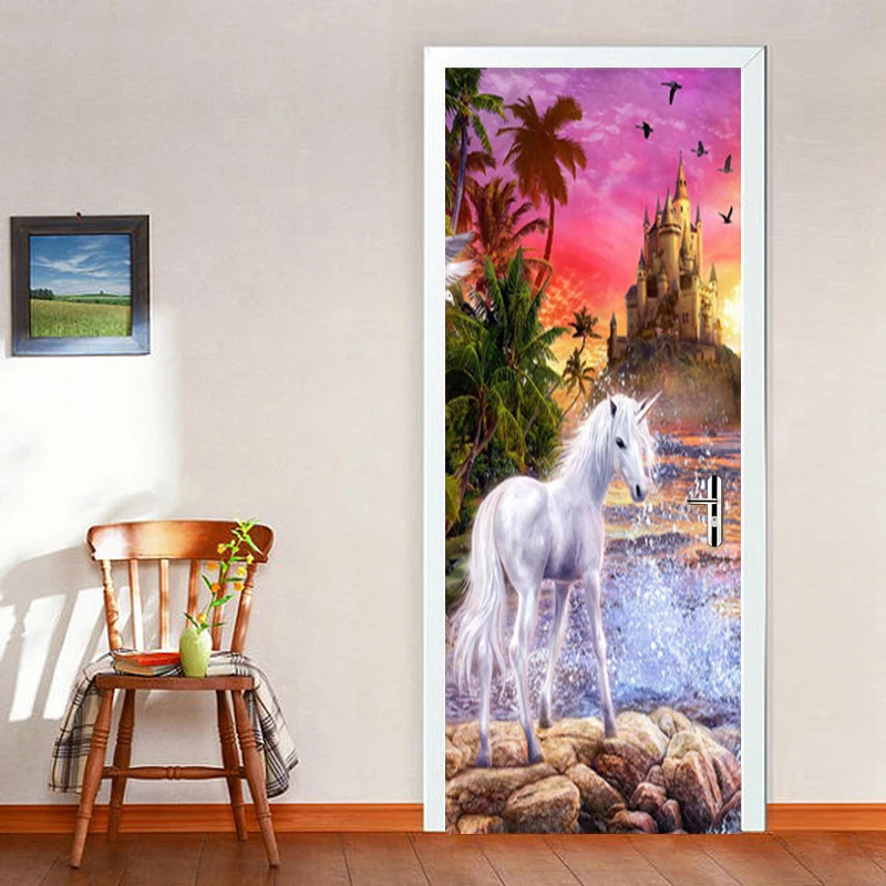 Фотообои 3D стерео замок Белая лошадь фрески детская спальня гостиная дверь
