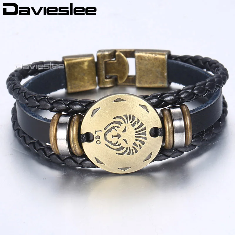 Davieslee 12 Кожаный браслет для мужчин, винтажные Ретро Браслеты, мужские ювелирные изделия, подарки, Знак зодиака Leo DLBM136A - Окраска металла: LB730 Leo