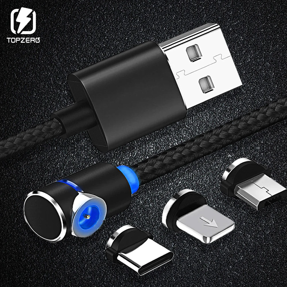 Магнитный USB кабель для зарядки 1 м 90 градусов iPhone LED Type C Micro Samsung Xiaomi Huawei зарядный