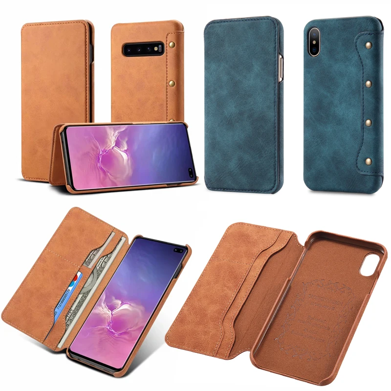 Ретро Кожаный чехол для iPhone X XS MAX XR 8 7 6 Plus кошелек карт Samsung S8 S9 S10 S10e Note Note9 флип