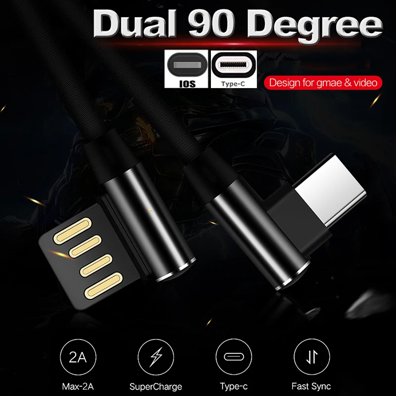 0,3/1/2/3 м 90 градусов двойная сторона-USB игровой кабель 2A быстро Зарядное устройство для samsung S9 S8 для iPhone 8 7 для мобильного телефона Oneplus 6 5 Тип-c/кабель IOS