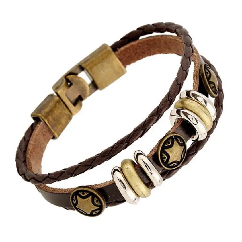 Тройные золотые украшения в виде звездочек Плетеный коричневый кожаный браслет