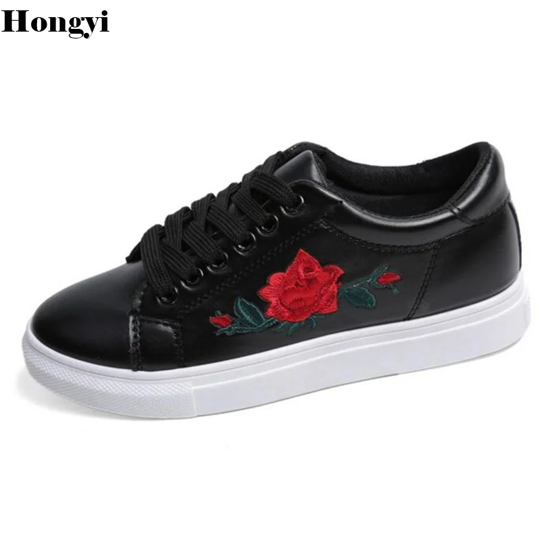 

Hongyi 2018 Rose Flowers Women's Shoes Spring Fall Embroider Flat Footwear White/Black Casual Shoes Lace Up Trainers Flats