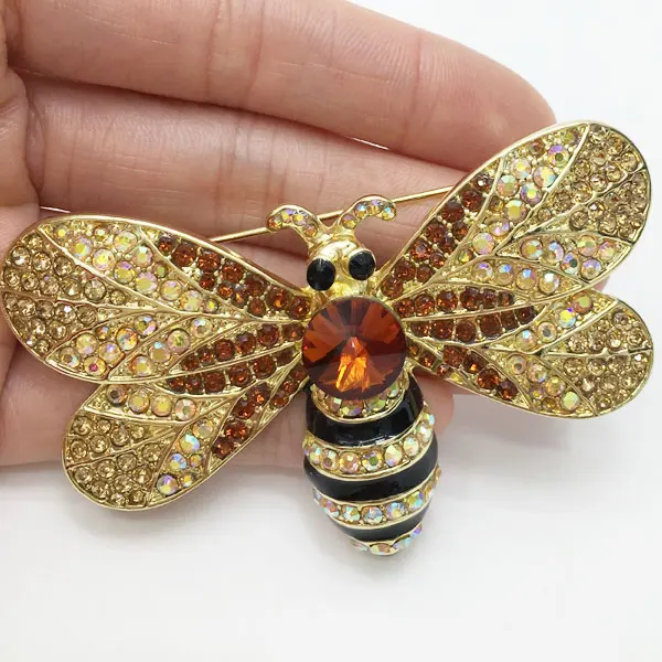 Vintage Brown Bee Insect Gold Tone Brooch Pin Rhinestone Crystal Woman | Brooches