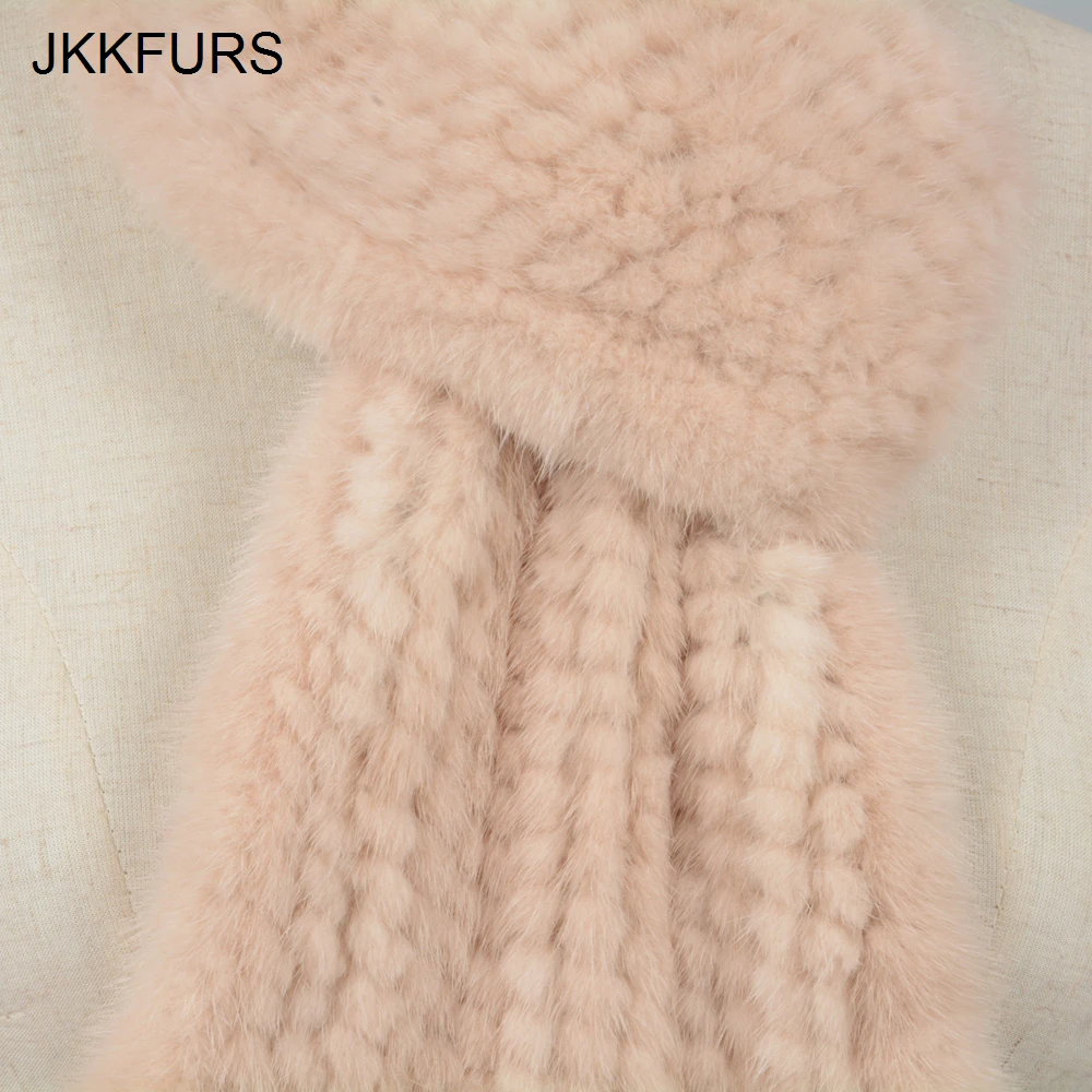 

JKKFURS 2019 New Real Mink Fur Scarf Women's Fashion Knitted Fur Shawl Autumn Winter Warm Fur S7126