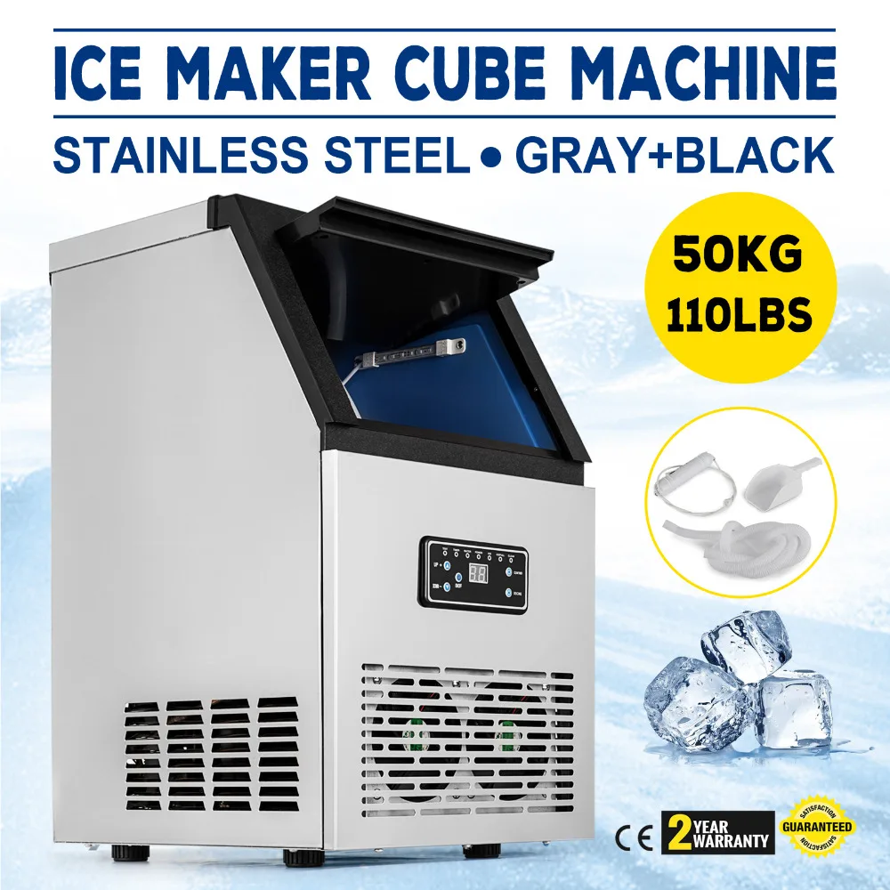 

50kg Auto Commercial Ice Maker Cube Machine Stainless Steel Bar 110Lbs 230W 110V