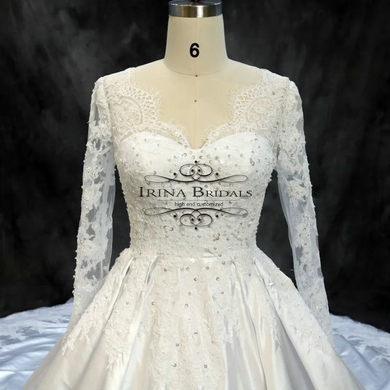 Vestido de noiva манга длинный рукав кружева аппликация v-образным вырезом атласное