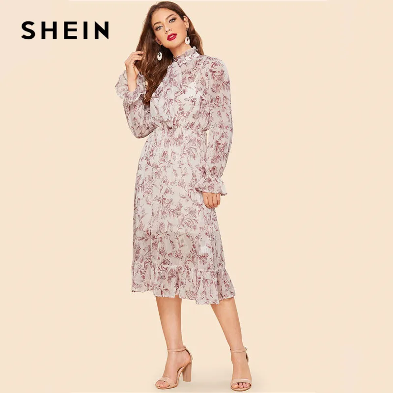 SHEIN Платье С Графическим Принтом И Оборкой Женское Весеннее Многоцветное Элегантное Платье С Длинными Рукавами