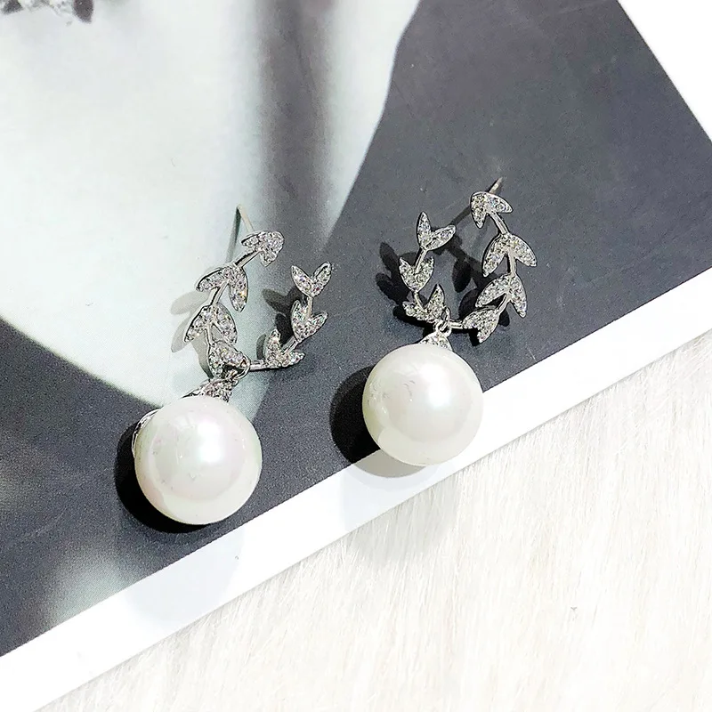 SWOUR New Fashion Jewelry 925 Silver Needle CZ Crystal Leaf Olive Branch Pearl Design Dangle Earrings For Women S433 | Украшения и