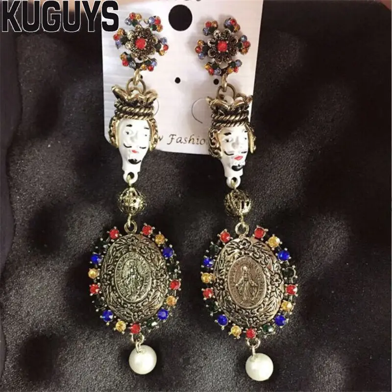 

KUGUYS Baroque King Head Long Drop Earrings for Women Bronze Jewelry Vintage ]Crystals Metal Accessories