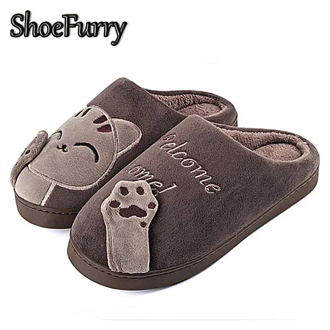 ShoeFurry/домашние тапочки; хлопковая обувь; коллекция года; зимние домашние тапочки с рисунком кота; мужские Нескользящие мягкие тапочки; теплые плюшевые Тапочки Мужские тапочки для спальни Осень сгущает обувь - Цвет: SZJ-MZ Coffee
