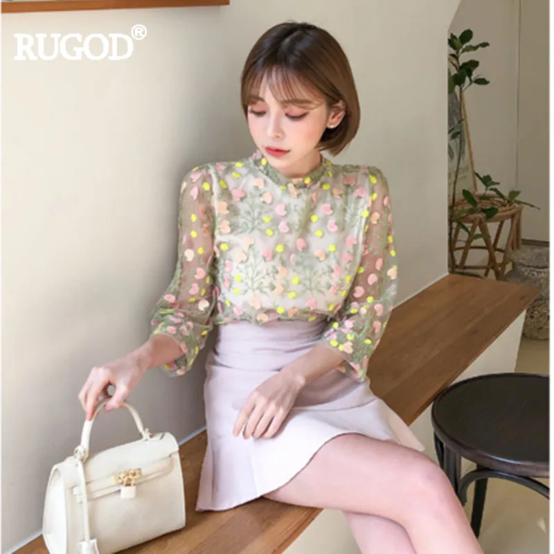 RUGOD 2019 New Spring blouse Lace Print O-neck Office lady Sweet Fashion Female |