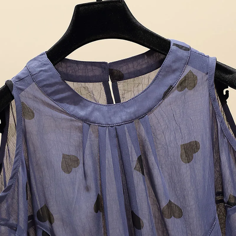 Женская шифоновая рубашка с коротким рукавом круглым вырезом и принтом |