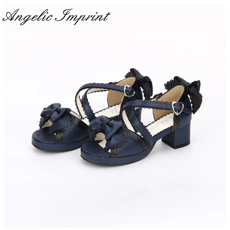 Japanese Sweet Bowtie Lace Trim Criss Cross Chunky Heel Lolita Princess Girl Sandals Summer Shoes