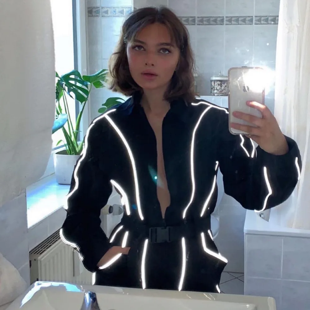 

BKLD New women cool reflective strip splicing bag buckle with zipper and belt long- sleeve streetwear fashion trend jumpsuit