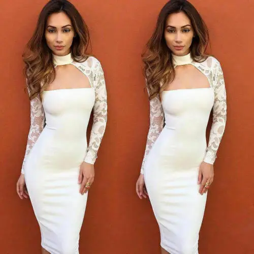 Sexy Lace Hollow Women Ladies Dresses Long Sleeve Bandage Bodycon White Evening Party Solid Color Dress | Женская одежда
