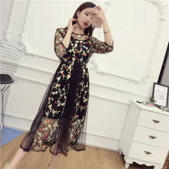 2017 Women Spring Summer Dress Embroidery Floral Mesh Dresses for Woman Female Perspective Costumes | Женская одежда