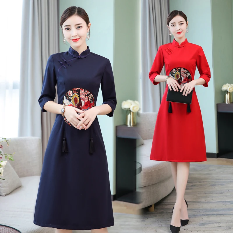 2018 новые женские девочек улучшить Qipao Вышивка кисточки длинные Платье с рукавами