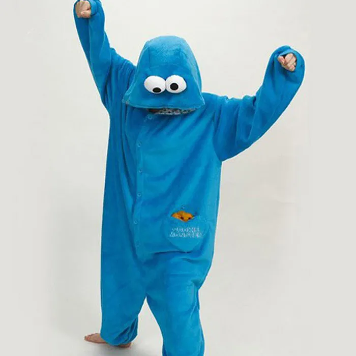 COOKIE MONSTER Взрослые фланелевые кигуруми Улица Сезам печенье монстр и Элмо косплей костюм женщины или мужчины комбинезоны пижамы - Цвет: COOKIE MONSTER