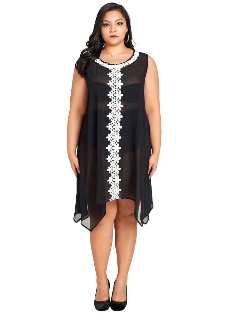 Romacci Crochet Lace Splice Transparent Dress Sexy Women Plus Size Chiffon Casual Sleeveless Beach Irregular Shift | Женская одежда