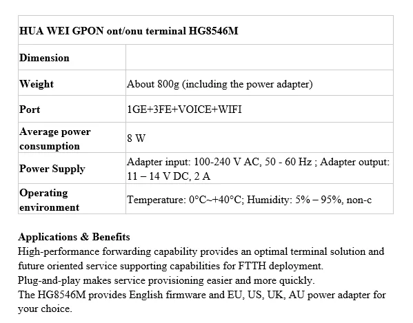 Используется huawei GPON ONU HG8546M ONT termianl с 1GE+ 3FE+ voice+ wifi английское программное обеспечение
