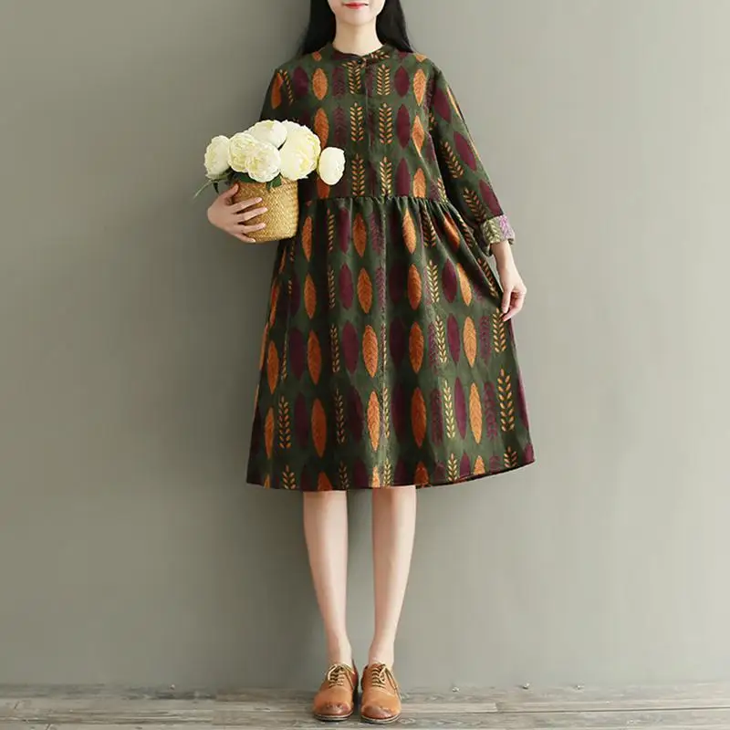 as picture Robe Femme Mori Girl осень зима женская одежда с принтом длинный рукав однобортный размера плюс вельветовое винтажное платье - Цвет: as picture