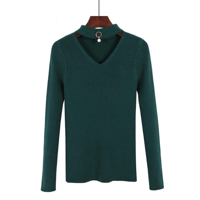 Dark Green Wixra, базовый пуловер, весна-осень, Модный женский свитер, Однотонный свитер с v-образным вырезом, женский тонкий вязаный пуловер - Цвет: Dark Green