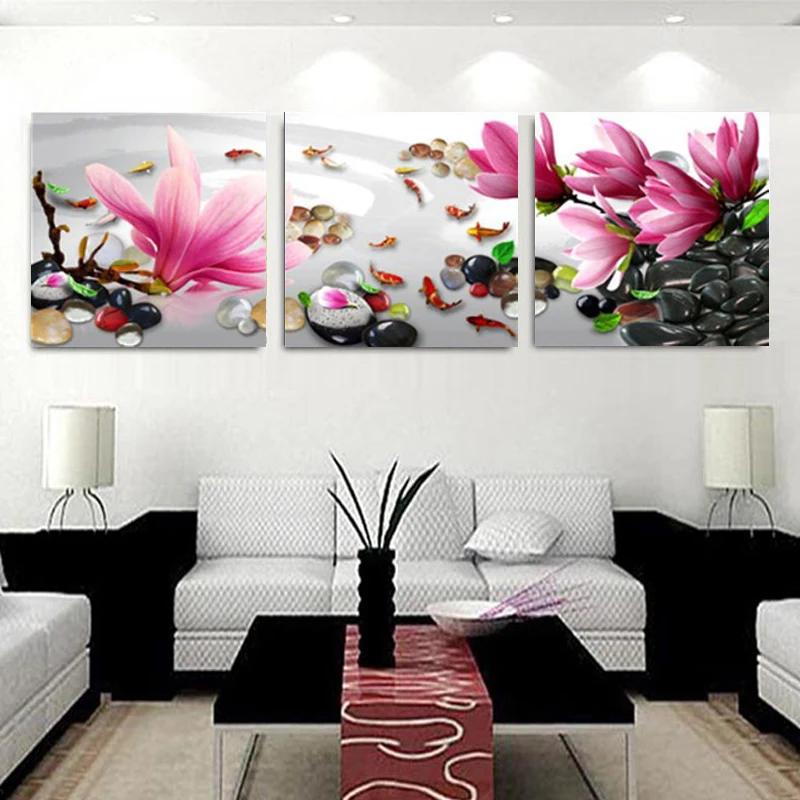 3 Панели современные китайские ветряные цветы магнолии Картина на холсте