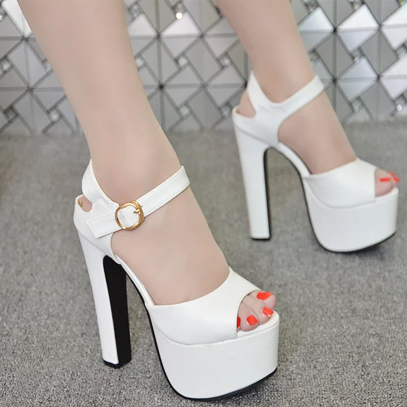 

Summer 15cm Women's Shoes White Black Sexy Super High Heel Open Toe Coarse Heel Platform Fishmouth Sandals Shoes