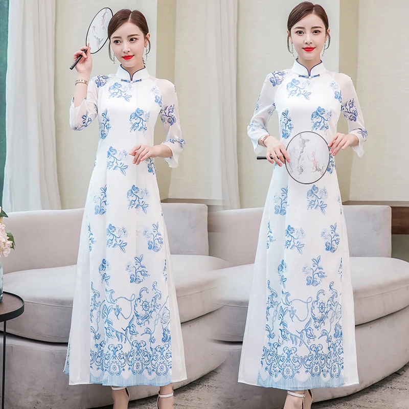 Вьетнамский aodai вьетнамский cheongsam народный стиль женское Ципао китайское платье для женщин традиционная одежда цветочный ao dai