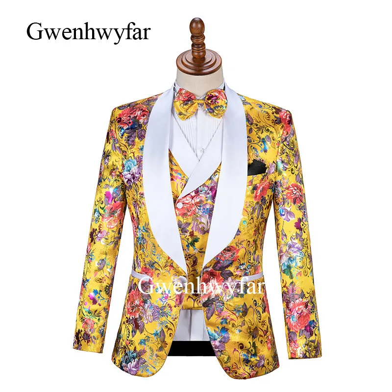 Gwenhwyfar Gold Men Suits Fashion Terno Masculino Tailor-Made Wedding Prom Party Formal Slim Fit (Coat Pant Vest Tie) | Мужская одежда