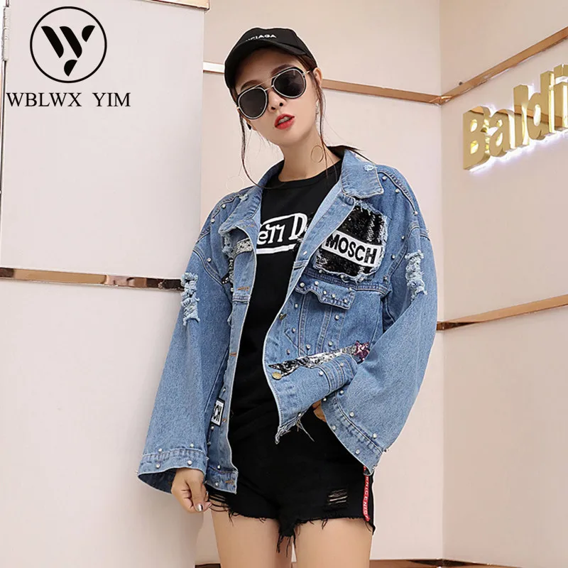 2019 новая джинсовая куртка женская с блестками жемчуг панк рукав летучая мышь
