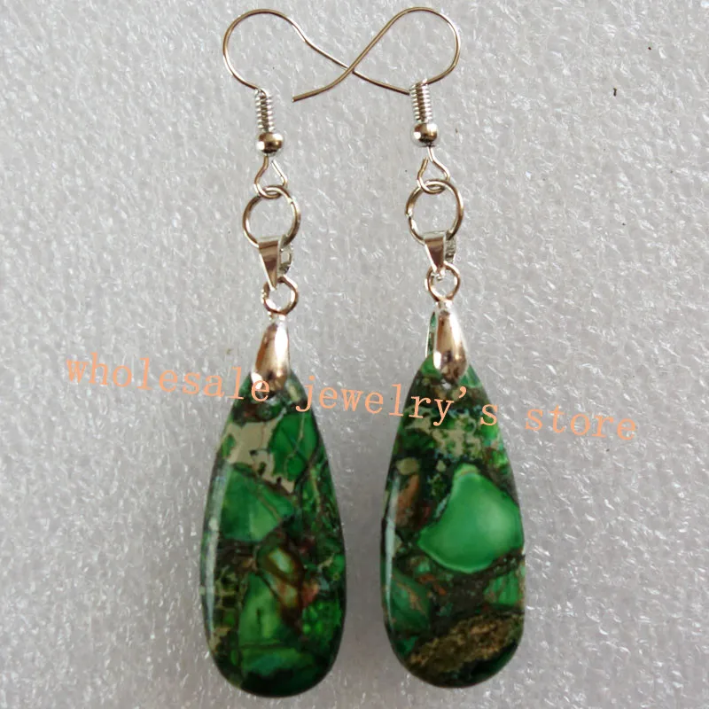 Yuteng A Pair of 32x20x6mm Green Sea Sediment Stone &amp Pyrite Teardrop Dangle Drop Earrings LH18 |