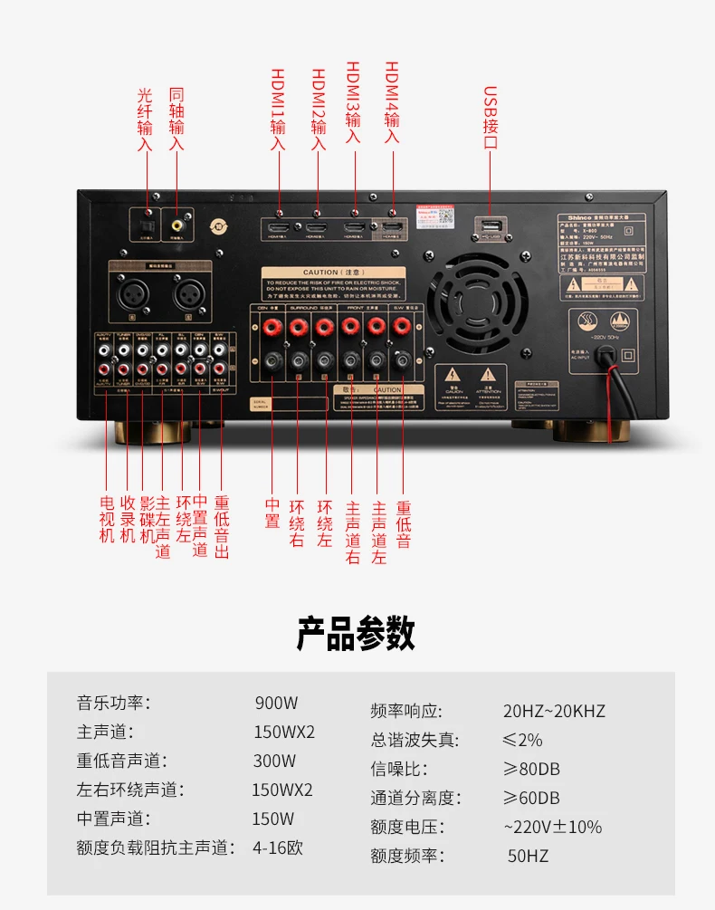 Shin-co X800 Профессиональный домашний кинотеатр усилитель мощности, bluetooth 5,1 канальный 900 Вт 4 K/3D аудио усилитель мощности